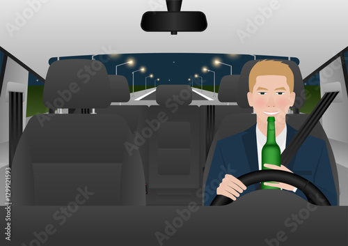 Man Drinking Alcohol While Driving a Car. Do Not Drink and Drive. Vector Illustration. 