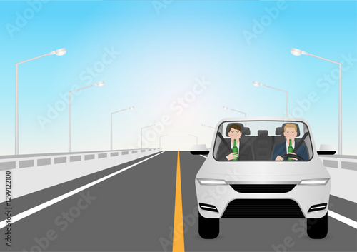 Man Drinking Alcohol While Driving a Car. Do Not Drink and Drive. Vector Illustration. 