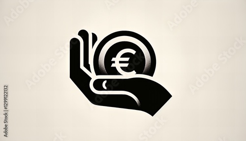 A minimalist black and white symbol of a hand holding a euro coin, representing finance, banking, investment and economic security. Perfect for financial services, business and digital transactions.

