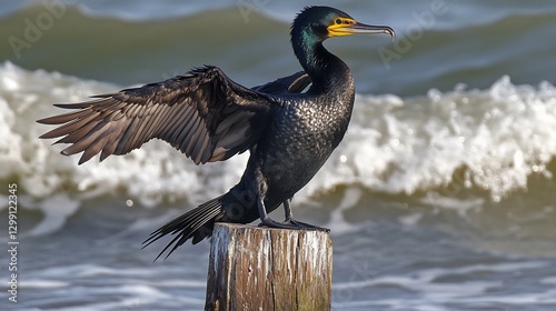 Regal Cormorant standing on a weathered wooden post by the water its dark feathers glistening in the sun as it spreads its wings to dry ocean waves rolling in behind