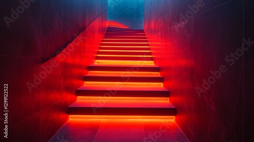 Stylish staircase with glowing red lights creates an inviting atmosphere in a modern setting