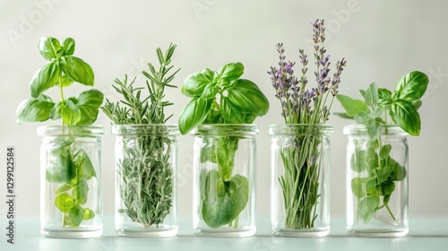 Five jars of fresh herbs including basil, rosemary, and lavender, arranged on a soft green background.