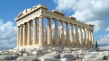 An iconic view of the ancient Parthenon in Athens, showcasing its magnificent columns against a blue sky.