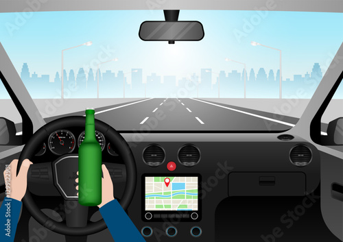 Man Drinking Alcohol While Driving a Car. Do Not Drink and Drive. Vector Illustration. 
