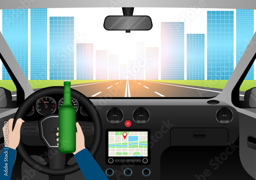 Man Drinking Alcohol While Driving a Car. Do Not Drink and Drive. Vector Illustration. 
