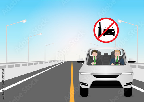 Man Drinking Alcohol While Driving a Car. Do Not Drink and Drive. Vector Illustration. 