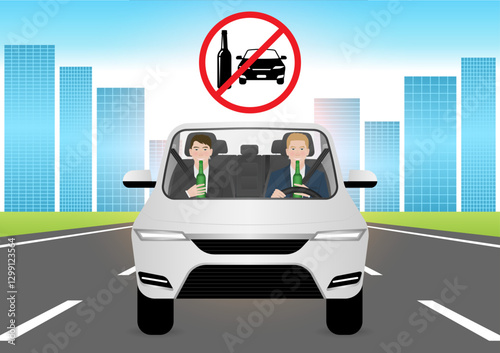 Man Drinking Alcohol While Driving a Car. Do Not Drink and Drive. Vector Illustration. 