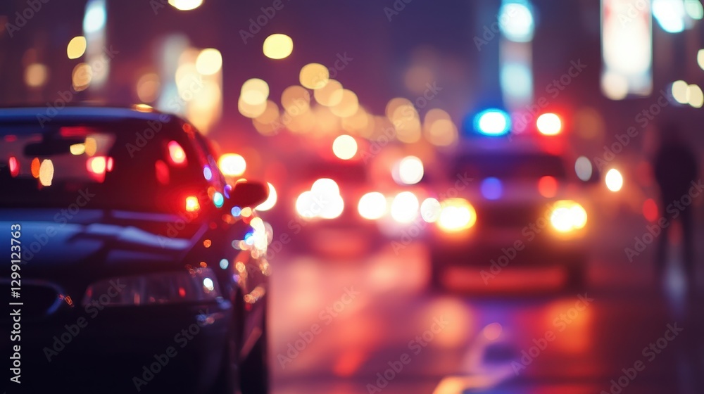 Nighttime scene featuring a blurred black car and flashing police lights, creating a dramatic urban atmosphere. Nighttime scene featuring a blurred black car and flashing police lights, creating a dramatic urban atmosphere.