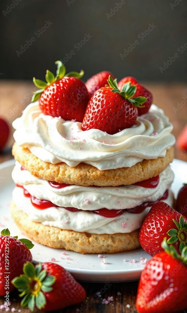 Whipped cream-topped strawberry shortcake with juicy red strawberries , food styling, dessert toppings Whipped cream-topped strawberry shortcake with juicy red strawberries , food styling, dessert toppings