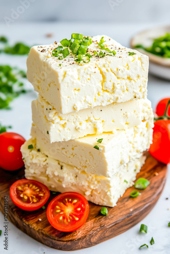 Fresh feta cheese with cherry tomatoes and chopped green onions on wooden board
