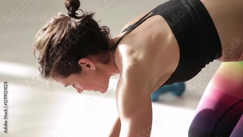 Sporty yogini bending body at light flat close up. Yoga girls performing asana