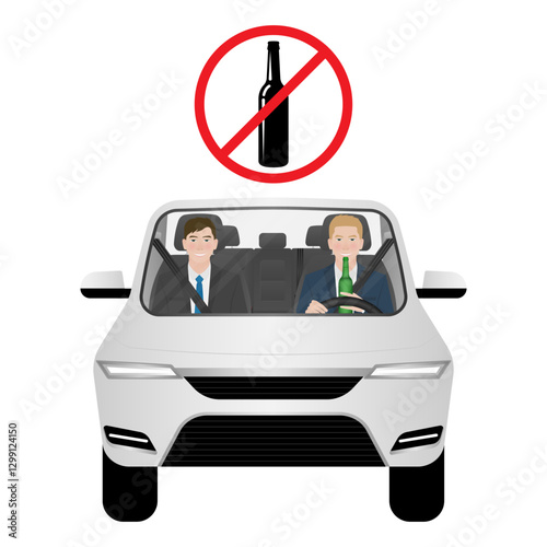 Man Drinking Alcohol While Driving a Car. Do Not Drink and Drive. Vector Illustration. 