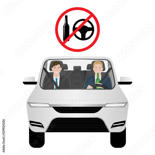 Man Drinking Alcohol While Driving a Car. Do Not Drink and Drive. Vector Illustration. 