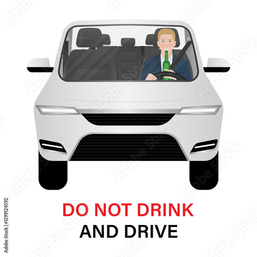 Man Drinking Alcohol While Driving a Car. Do Not Drink and Drive. Vector Illustration. 