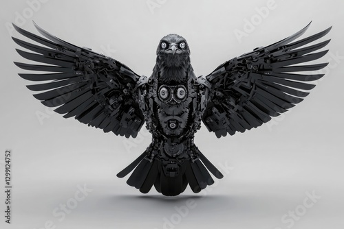 3D render of a black mechanical raven with silver eyes, symmetrical wings spread out wide and showing the full body of the bird photo