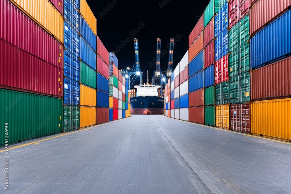 Fototapeta premium Cargo ship docked at night between colorful shipping containers in a bustling port setting