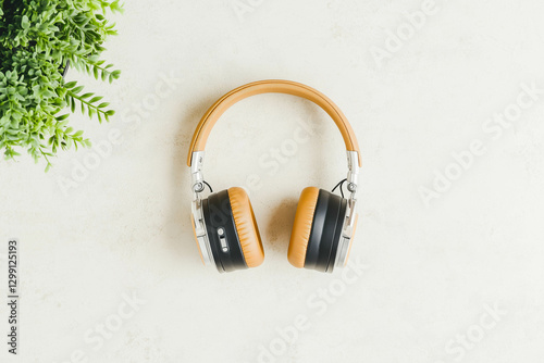 Modern tan and black wireless headphones on light background with green plant accent