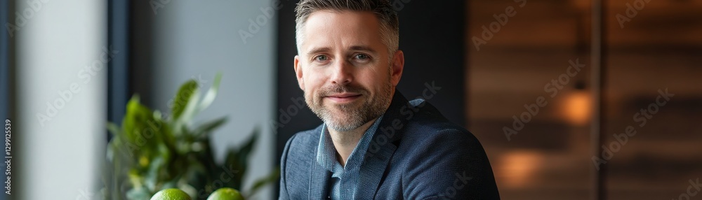 Portrait Of A Middle Aged Man With Short Brown Hair And Beard Wearing A Dark Patterned Shirt and Blouse featuring Soft Lighting And Blurred Backgrounds of Plants. Indoor Shot. Casual Style. Calm Portrait Of A Middle Aged Man With Short Brown Hair And Beard Wearing A Dark Patterned Shirt and Blouse featuring Soft Lighting And Blurred Backgrounds of Plants. Indoor Shot. Casual Style. Calm