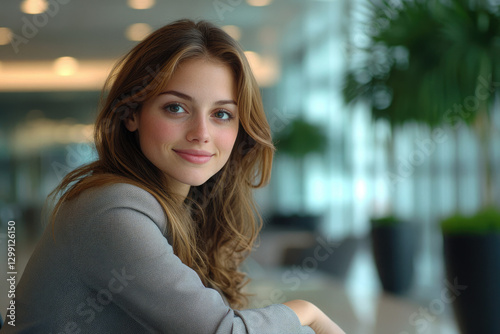 A young woman with long brown hair smiles gently in a modern setting. Free Download A young woman with long brown hair smiles gently in a modern setting. - GFXLoad