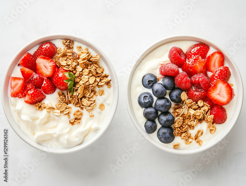 Fresh berry yogurt bowls with granola toppings on white background