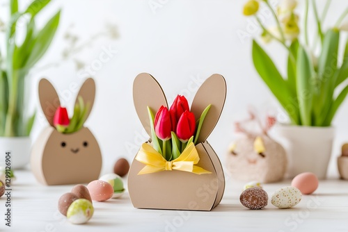 Adorable Easter Bunny Gift Box with Red Tulips and Yellow Ribbon, Surrounded by Colorful Chocolate Eggs on a White Wooden Surface with Spring Plants
