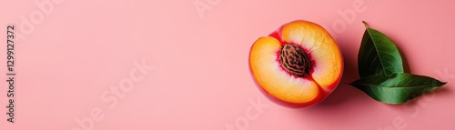 A ripe, juicy peach sits prominently on a soft pink background. The peach is halved, revealing its succulent, golden flesh, while a vibrant green leaf adds a touch of freshness. photo