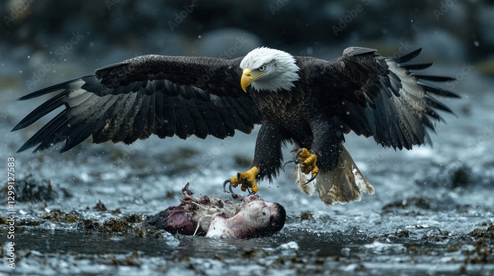Bald eagle in mid-flight, catching fish, icy river, snowy backdrop Bald eagle in mid-flight, catching fish, icy river, snowy backdrop