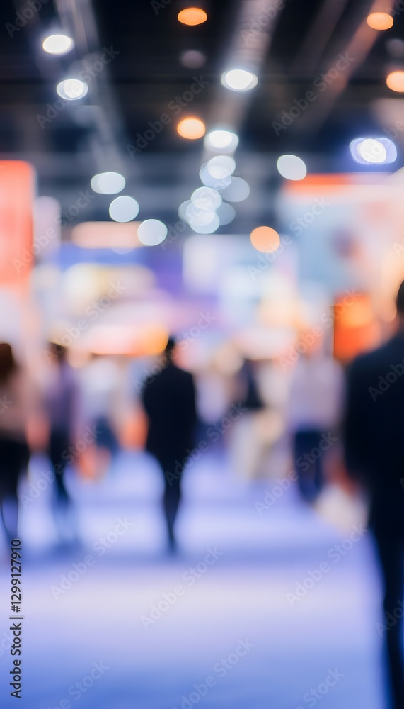 Obraz premium Blurred image showing people walking through a brightly lit exhibition space