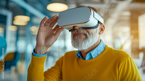 Senior Man Exploring Virtual Reality with VR Headset in Modern Environment