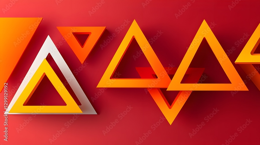 Abstract Geometric Shapes, Orange and White Triangles on Red Background Abstract Geometric Shapes, Orange and White Triangles on Red Background