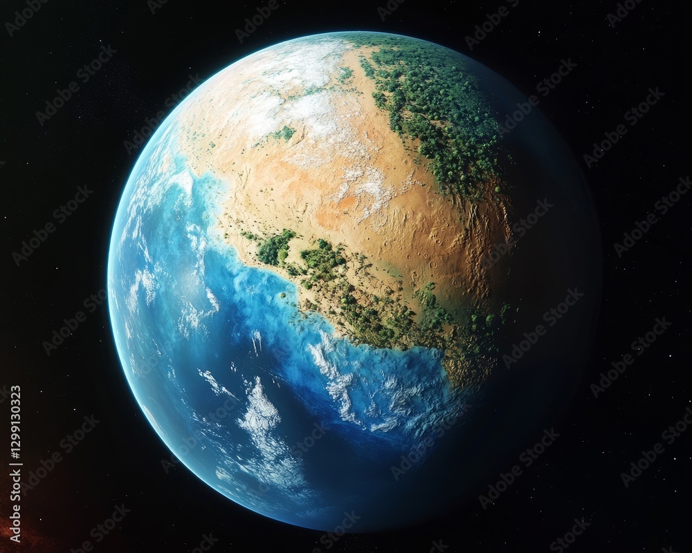 Naklejka premium terraformed Mars with oceans and forests, showing abundant vegetation and a vivid blue sea under Martian sky