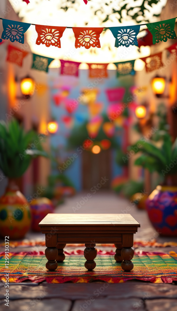 Obraz premium Cinco de Mayo product display background podium, Papel Picado Celebration, vibrant papel picado banners, festive Mexican street, warm sunset, colourful decorations, ad podium platform, product present
