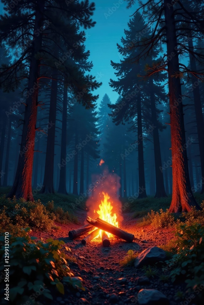 A forest clearing illuminated by the glow of a campfire, firelight, camping, campfire A forest clearing illuminated by the glow of a campfire, firelight, camping, campfire