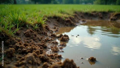 Football field with muddy soil and flooded water, mudpools, wetland photo