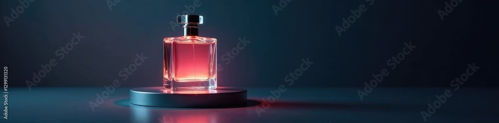 Perfume bottle illuminated by soft LED light on a polished steel base, shine, metal, light Perfume bottle illuminated by soft LED light on a polished steel base, shine, metal, light