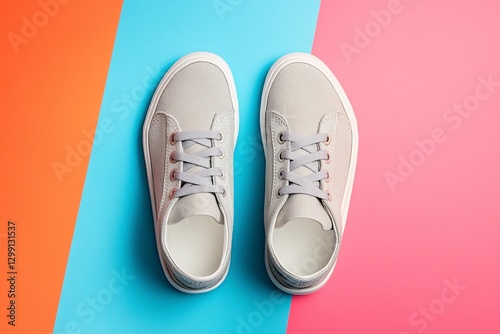 Wallpaper Mural Sneakers, gray sneakers on a colorful background, product photography, minimalism, high resolution, high quality, high detail, copy space for text and title in the middle of the shoe, solid color back Torontodigital.ca
