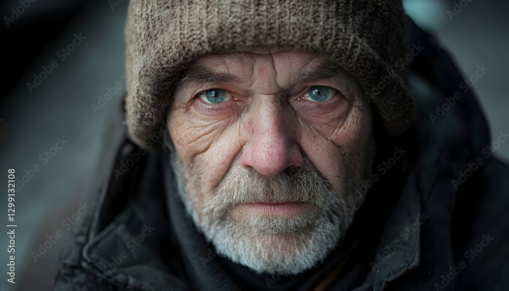 Homeless man with a sad expression, staring directly at the lens - Homeless man with a sad expression, staring directly at the lens -