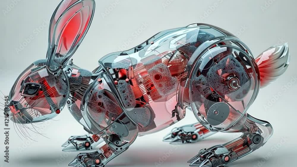 Digital representation of a futuristic robotic rabbit inspired by Easter themes and cyber aesthetics