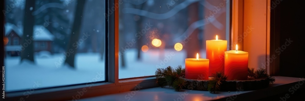 Cozy winter scene with lit candles on windowsill, lighted candles, winter outside Cozy winter scene with lit candles on windowsill, lighted candles, winter outside