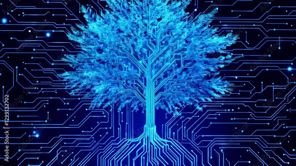 Blue abstract circuit board electronic hi-tech growing tree