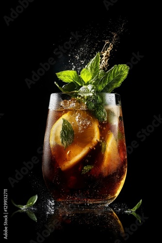 Refreshing Mixed Drink with Citrus and Herbs in a Glassware Container, Studio Shot on Dark Backgrounds Featuring Sparkling Beverages, Detailed Close Up Photography with Vibrant Colors and High