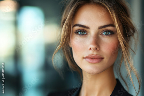 Wallpaper Mural A captivating portrait of a young woman with radiant skin, subtly defined features, and alluring light-brown hair. Torontodigital.ca