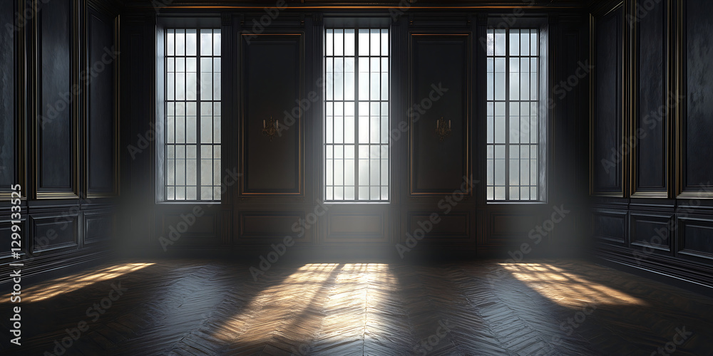 Dark elegant room with large windows showcasing light reflections and empty staging area Dark elegant room with large windows showcasing light reflections and empty staging area