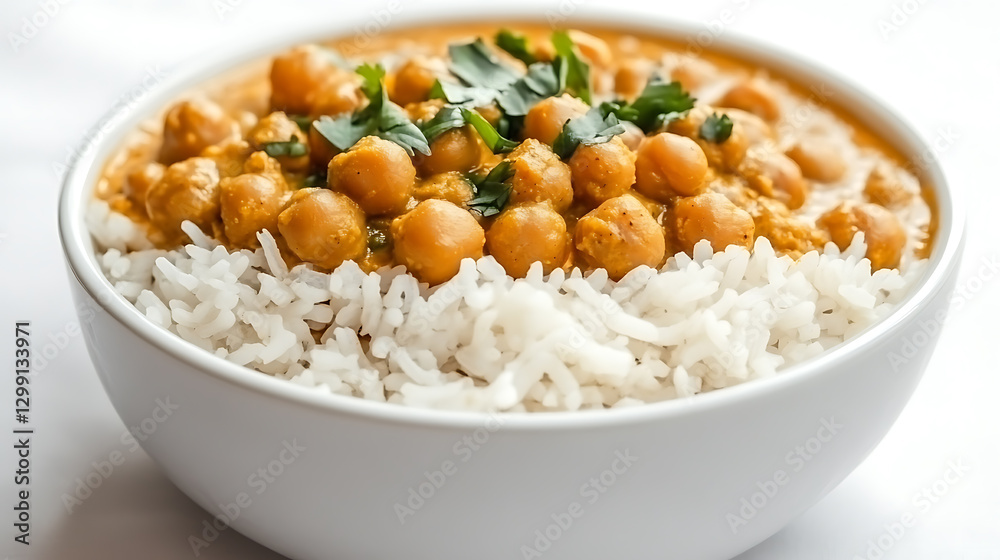 Chickpea curry served over rice, topped with fresh cilantro, in a white bowl. A flavorful and nutritious meal option. Chickpea curry served over rice, topped with fresh cilantro, in a white bowl. A flavorful and nutritious meal option.