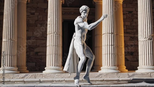An ancient Roman or Greek marble statue dancing Latin dance in front of Doric or Ionic columns.
