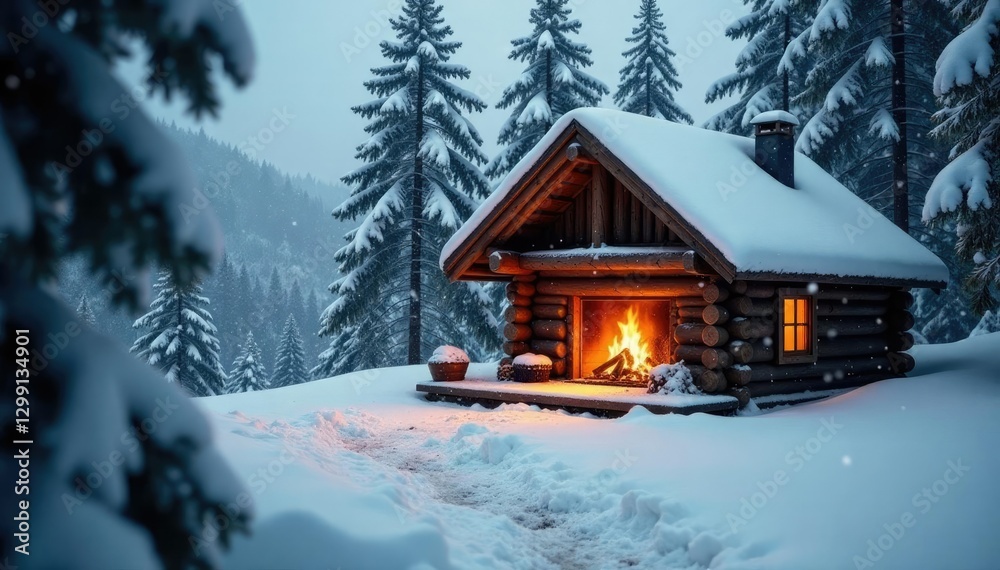 Fototapeta premium Cozy snow-covered cabin with warm fireplace and nature sounds, roaring flames, snowflakes falling, peaceful ambiance