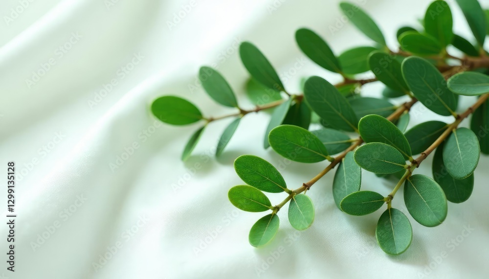 Fresh eucalyptus branches on white silk surface, green, surface Fresh eucalyptus branches on white silk surface, green, surface