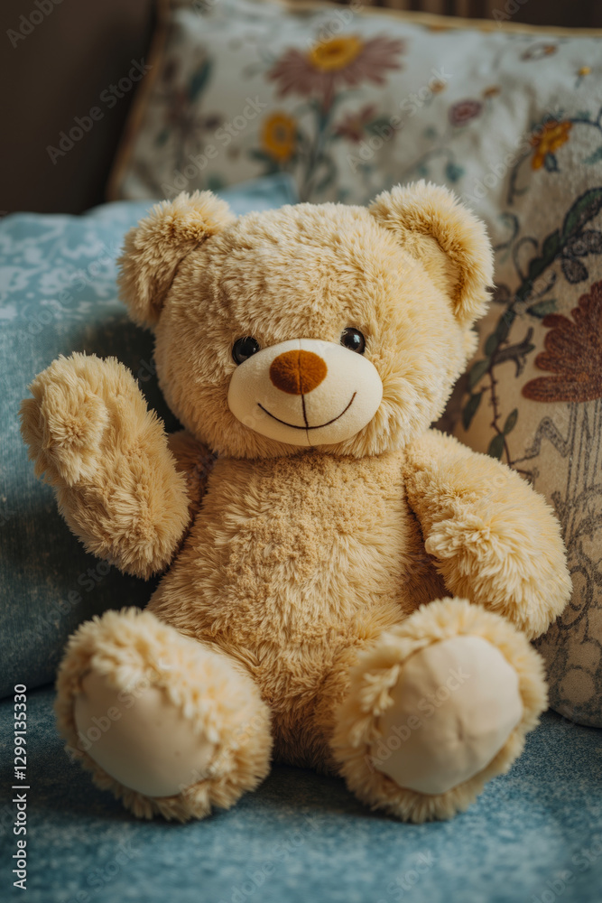 Fototapeta premium A teddy bear sitting on a couch with a pillow