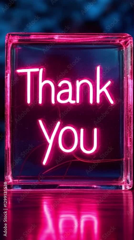 Neon sign with thank you written in neon letters on a glass block