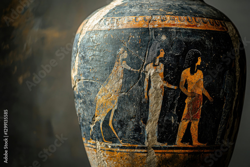 Ancient Greek pottery depicting figures, possibly mythological or historical, showcasing intricate artistry and cultural narrative. photo